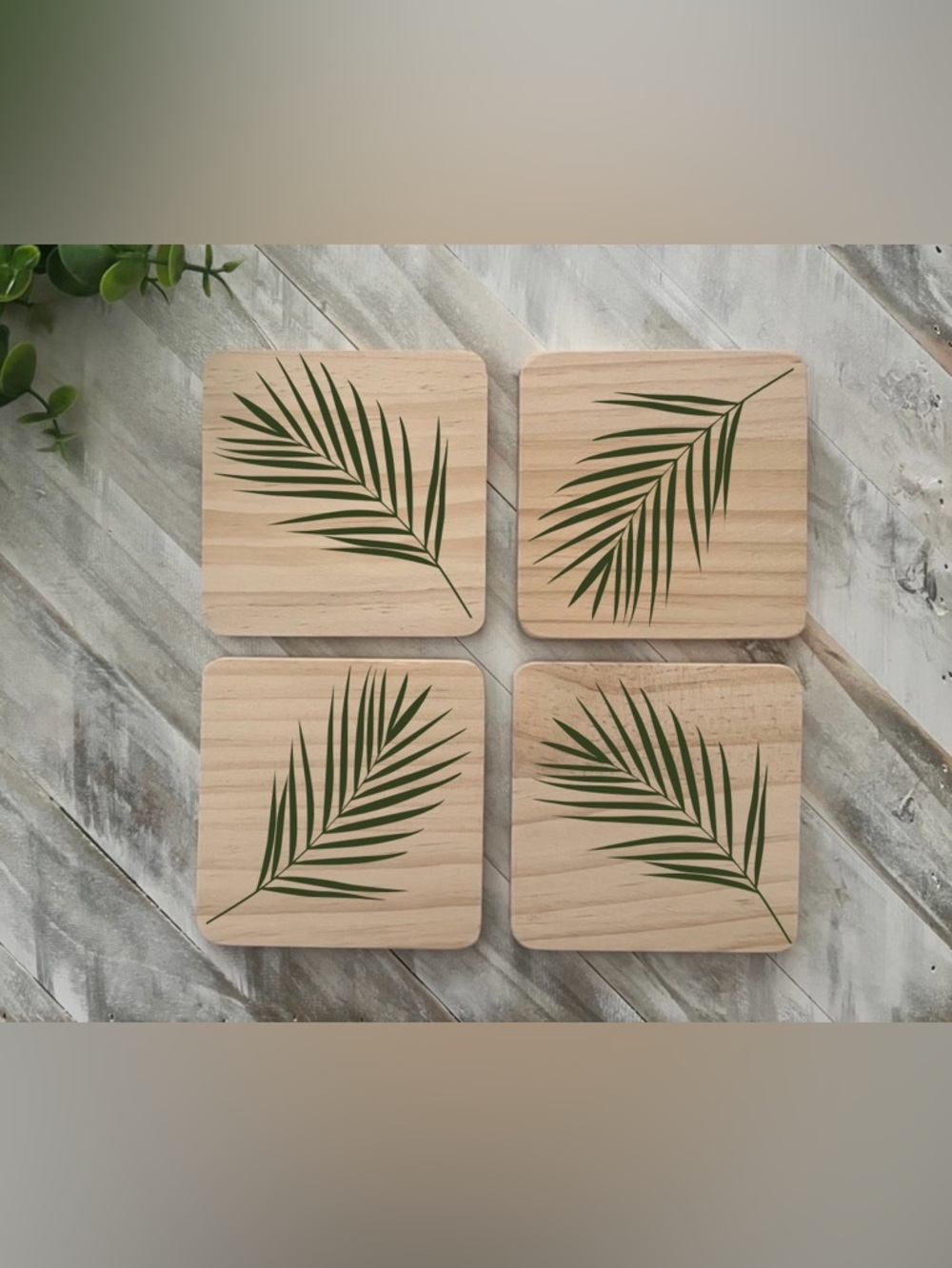 Set of 4 Wooden Palm Leaf Coasters - Natural Wood with Green Leaf